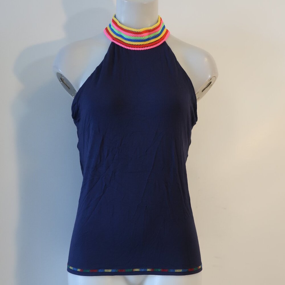NWT Womens Meet Me In Miami Navy Blue, Multi Embroidered Halter Top L